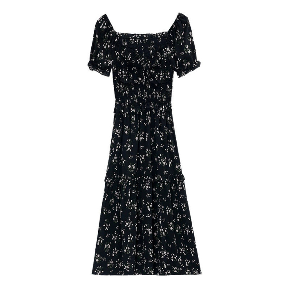 ZARA Elegant Black Floral Midi Dress Summer Vacation Slimming